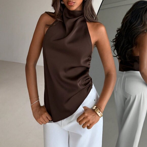 Brown Sexy Women's Backless Halter Neck Blouse - Picture 3 of 6